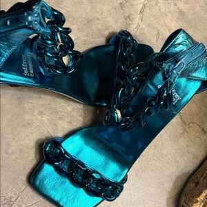 Jeffrey Campbell Teal Chain Strap Sandal Square Open Toe Heels Size 8 Woman’s